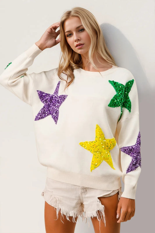 Double Take Sequin Star Round Neck Dropped Shoulder Sweater - adritiX