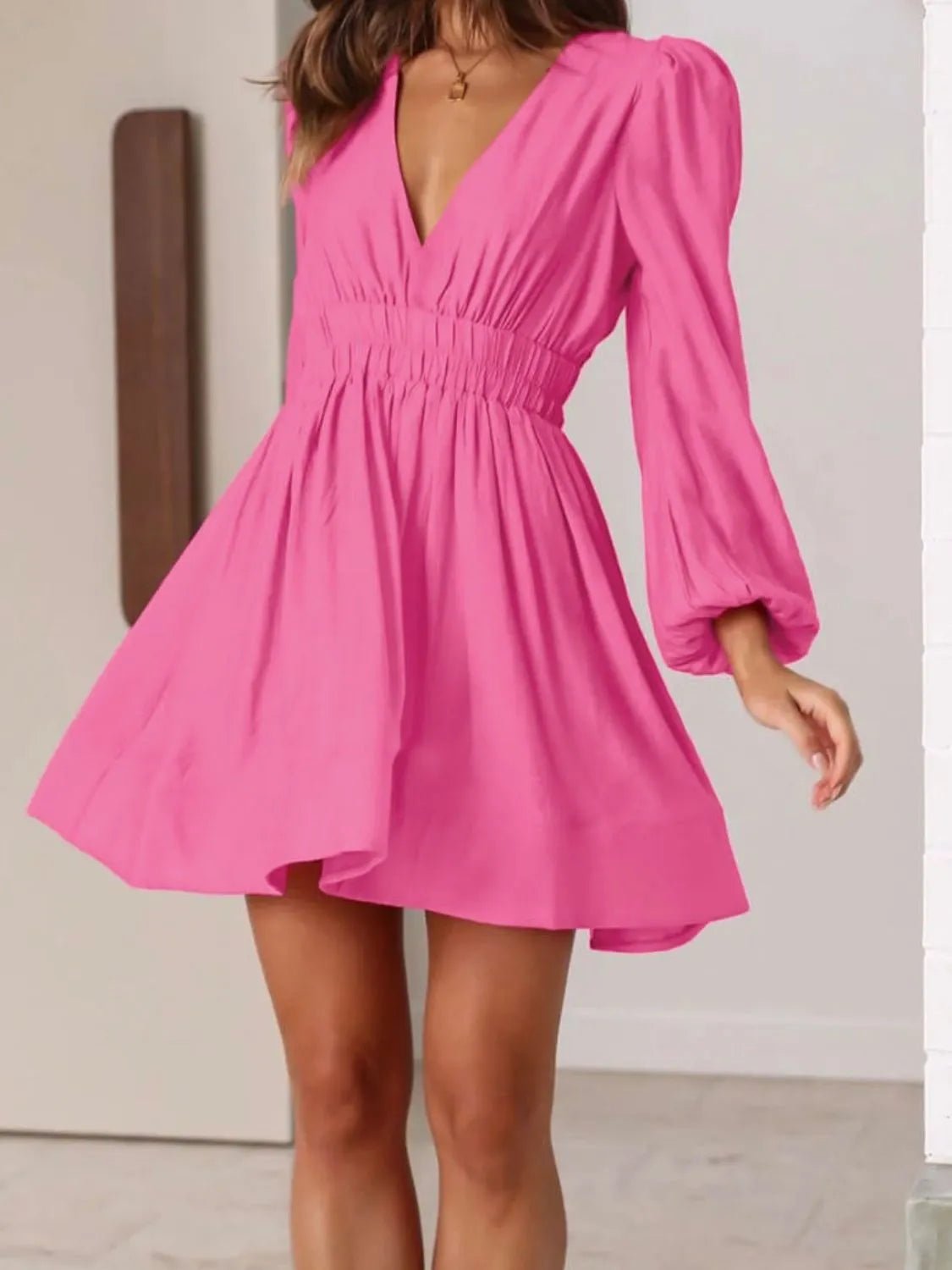 Ruched V-Neck Balloon Sleeve Mini Dress - adritiX
