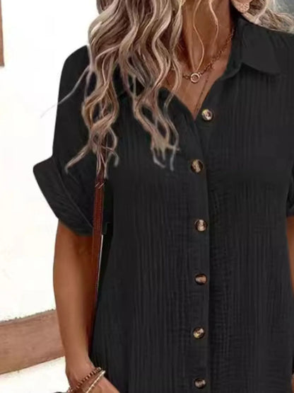 Casual Button Down Cotton Shirt Dress with Pockets - adritiX