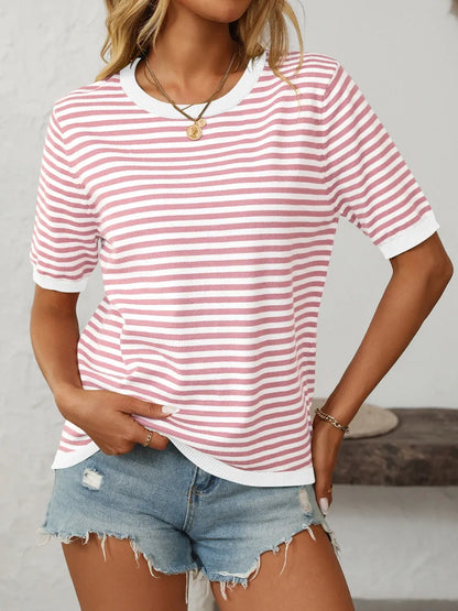 Mandy Striped Round Neck Half Sleeve Knit Top - adritiX