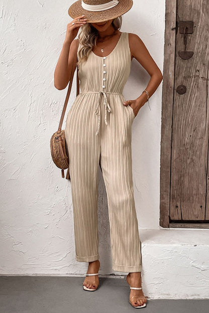 Elegant Perfee Textured Sleeveless Jumpsuit with Pockets - adritiX
