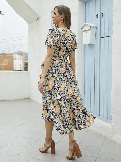 Floral Print Short Sleeve Wrap Midi Dress - adritiX