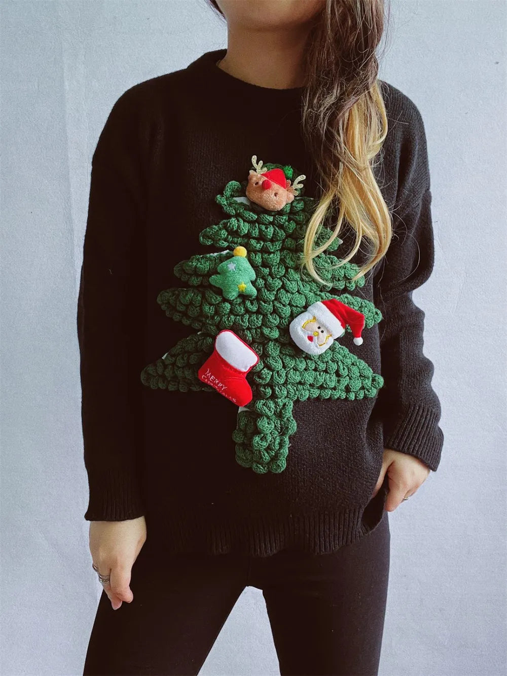 Elegant Christmas Tree Round Neck Long Sleeve Sweater - adritiX