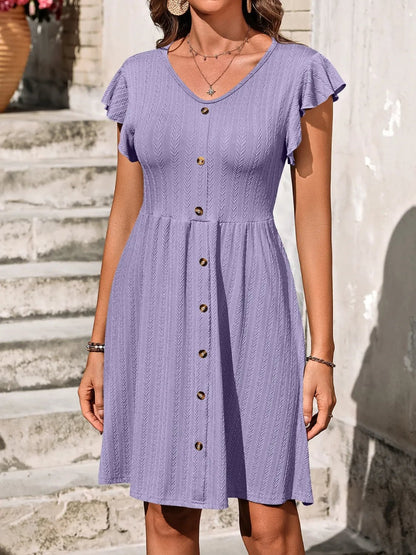 V-Neck Ruffled Cap Sleeve Dress - adritiX