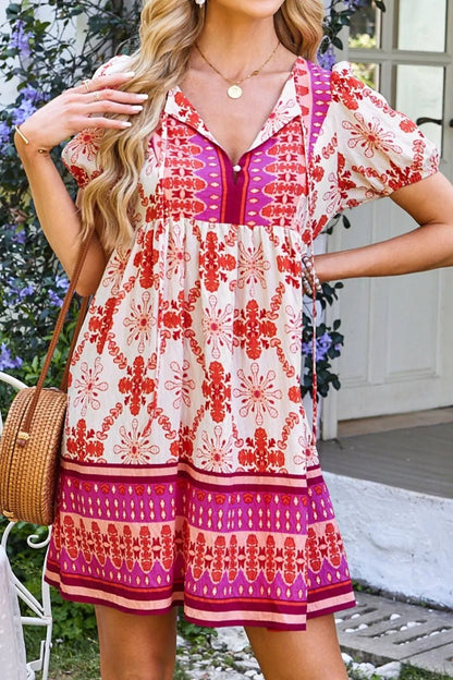 Boho Floral Short Sleeve Tie Neck Mini Dress - adritiX