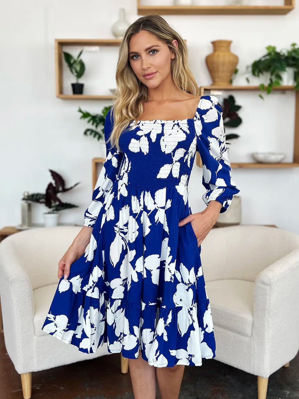 Double Take Full Size Floral Ruffle Hem Smocked Dress with Pockets - adritiX