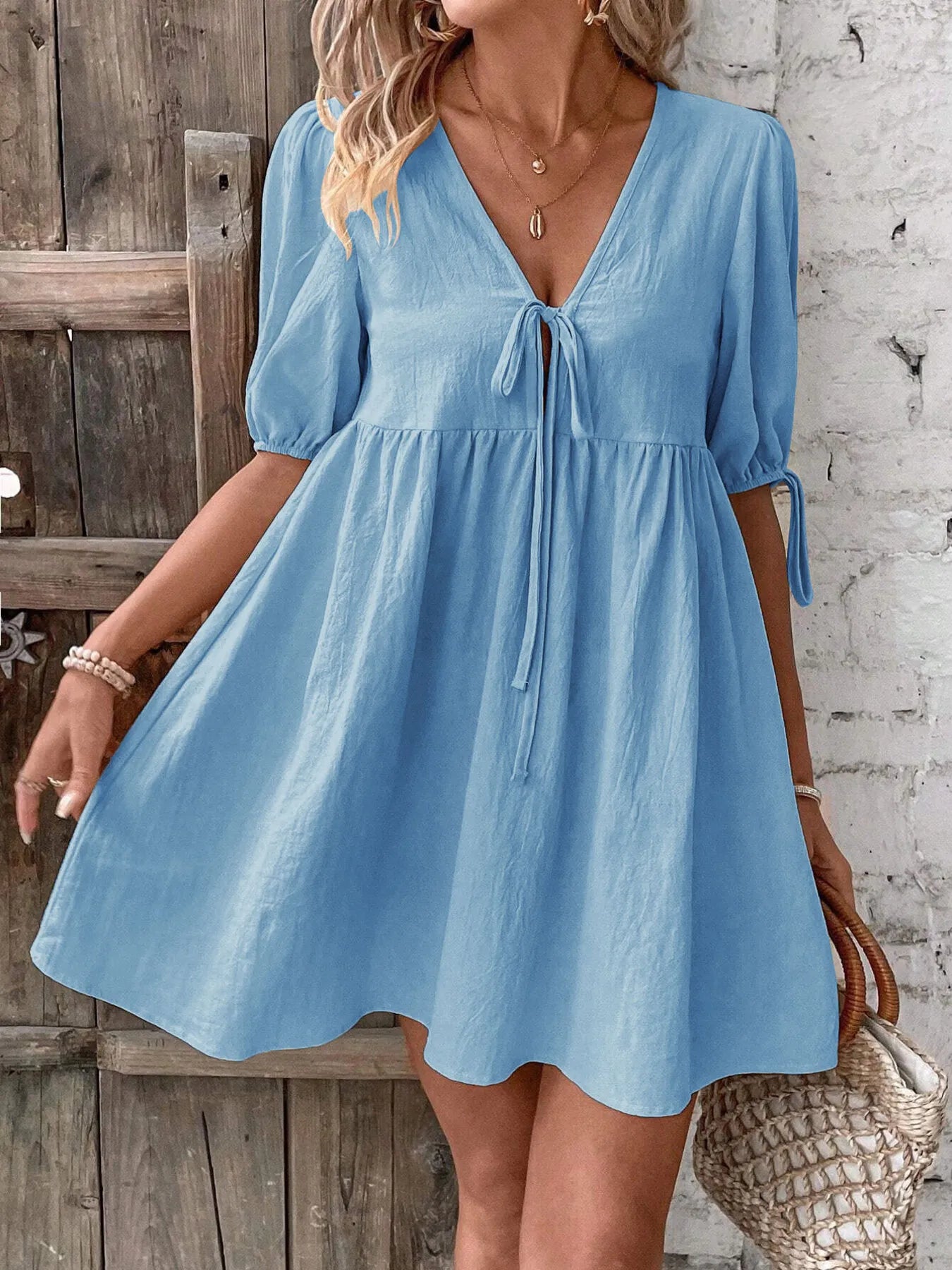 V-Neck Tie-Front Mini Dress with Puff Sleeves - adritiX