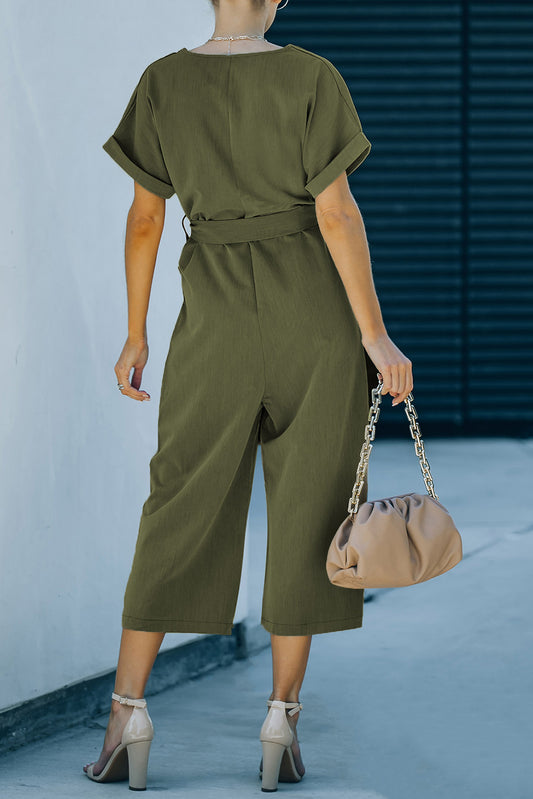 Elegant Tie-Waist Buttoned Cropped Jumpsuit - adritiX