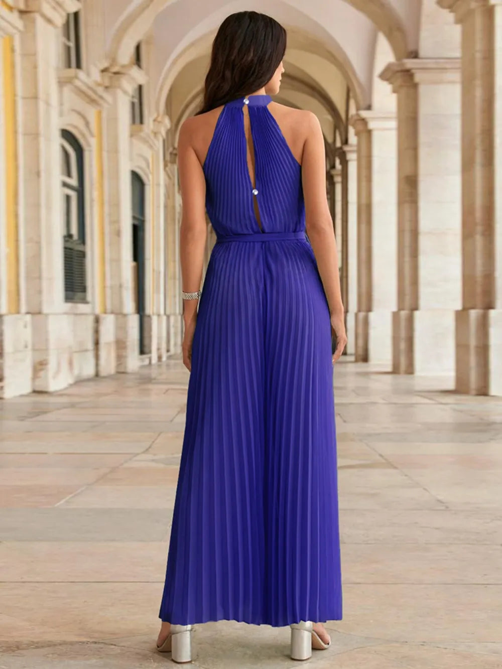 Elegant Cutout Tied Pleated Sleeveless Jumpsuit - adritiX