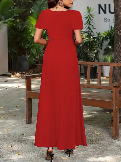 Full Size Round Neck Short Sleeve A-Line Maxi Dress Plus Size - adritiX