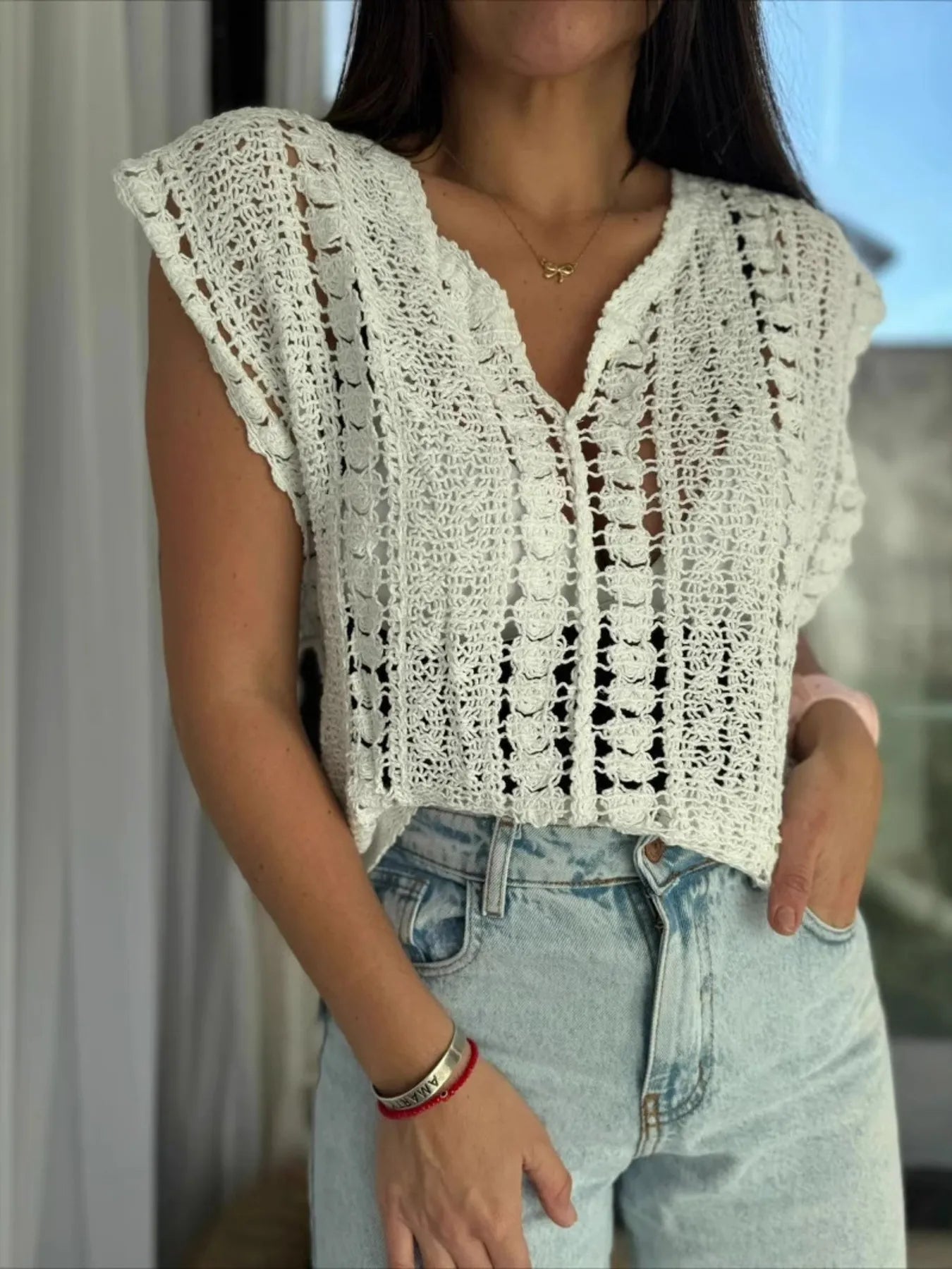 Crochet Knit V-Neck Sweater Vest - adritiX