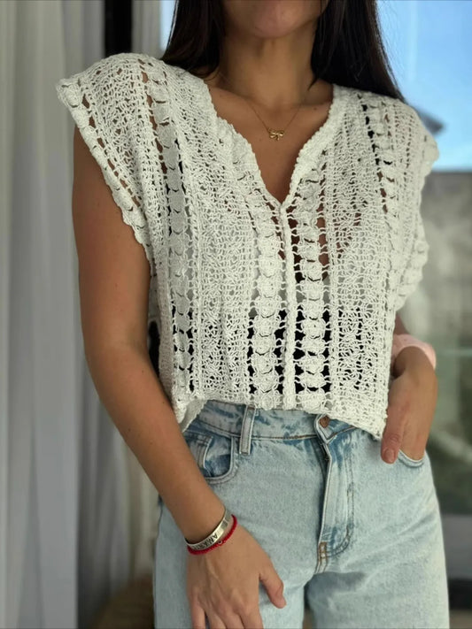 Crochet Knit V-Neck Sweater Vest - adritiX
