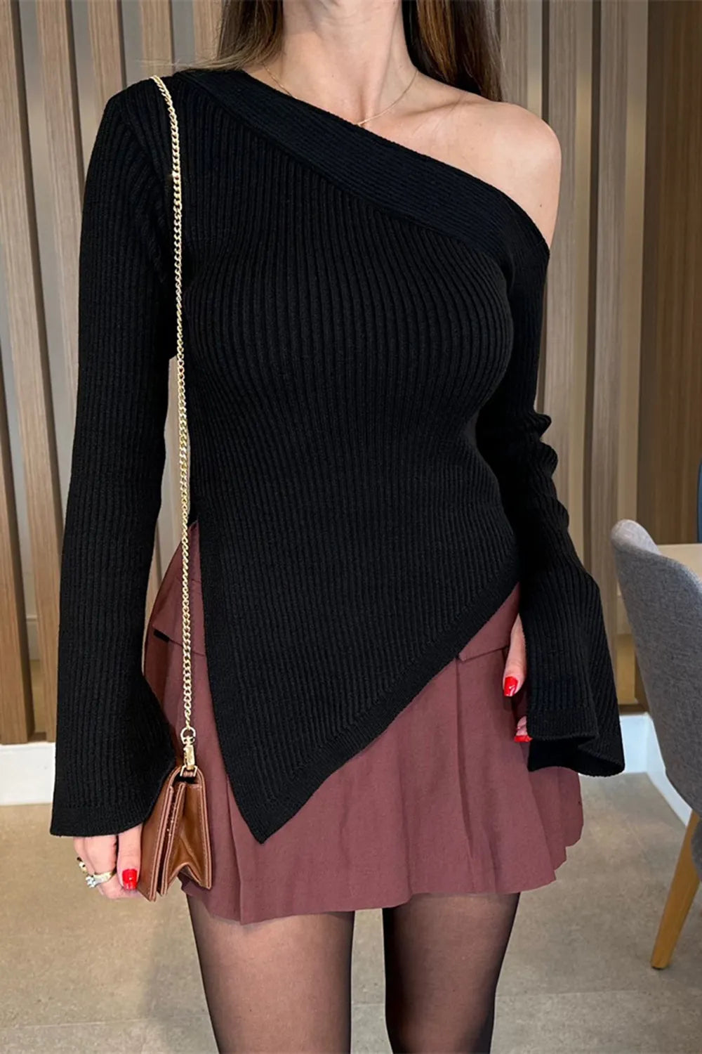 Asymmetric Hem Single Shoulder Sweater - adritiX