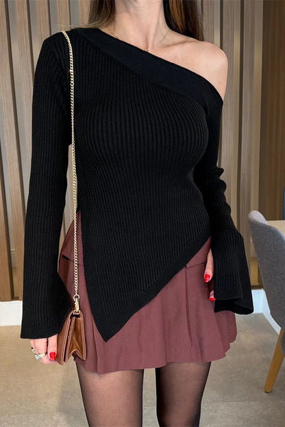 Asymmetric Hem Single Shoulder Sweater - adritiX