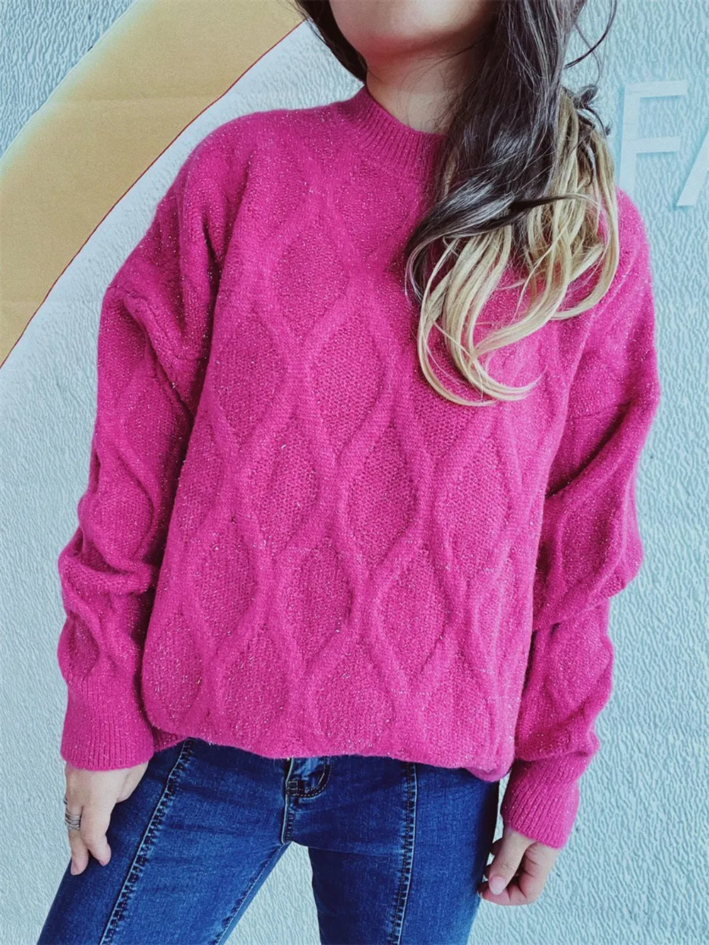 Diamond Round Neck Long Sleeve Sweater - adritiX