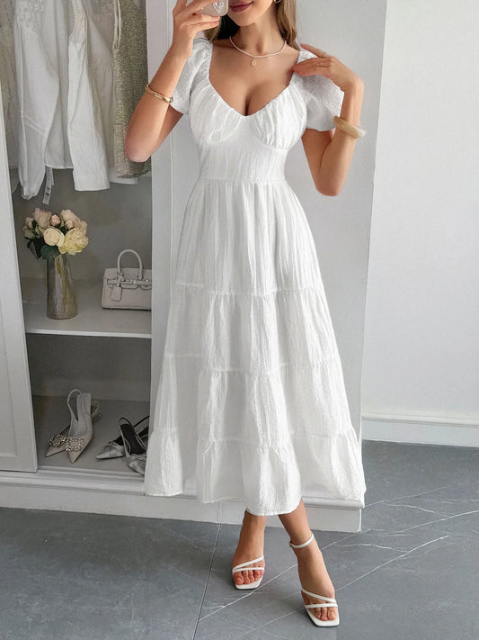 Elegant V-Neck Short Sleeve Midi Dress - adritiX