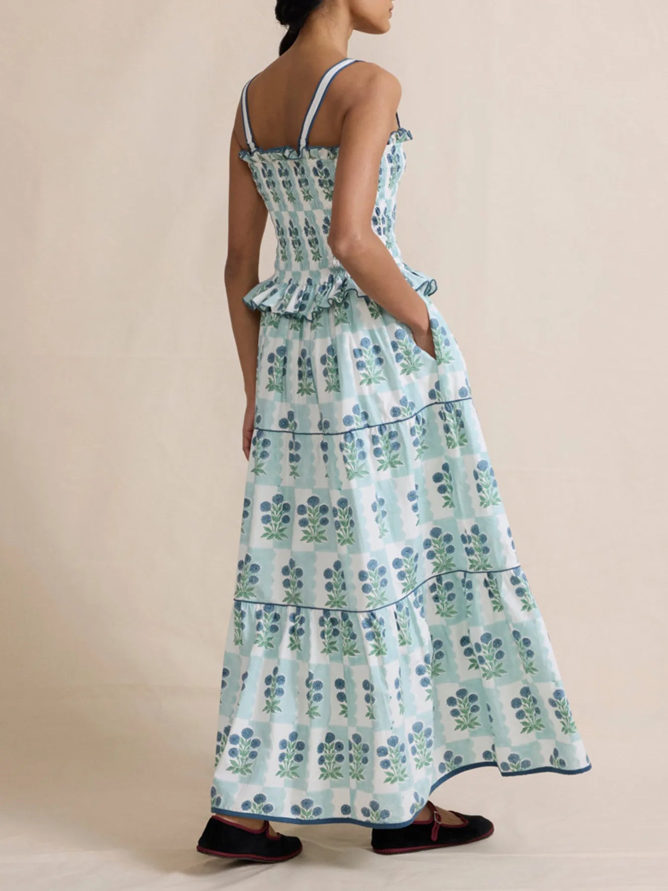 Smocked Ruffled Square Neck Maxi Dress - adritiX