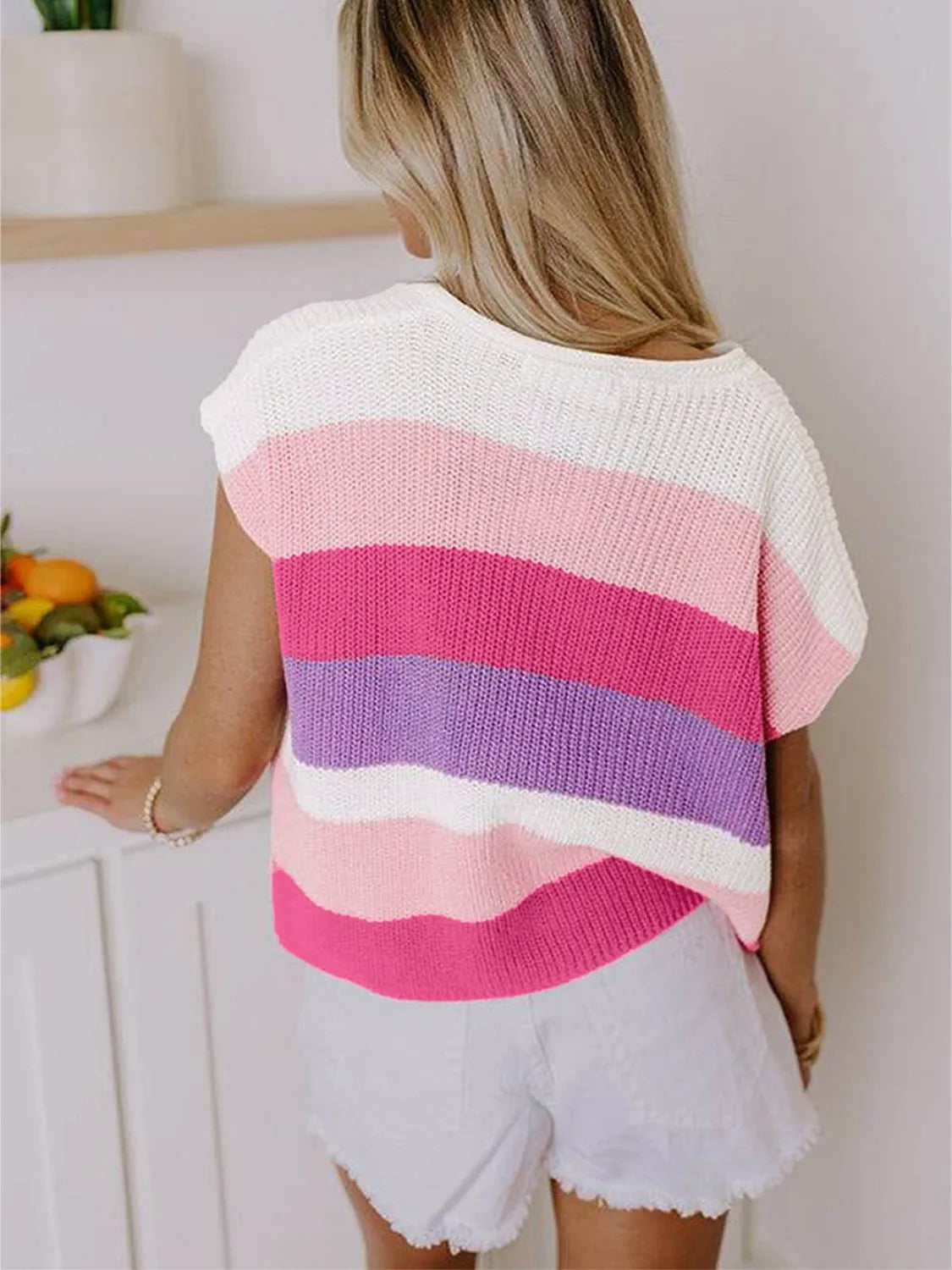 Color Block Notched Short Sleeve Knit Top - adritiX