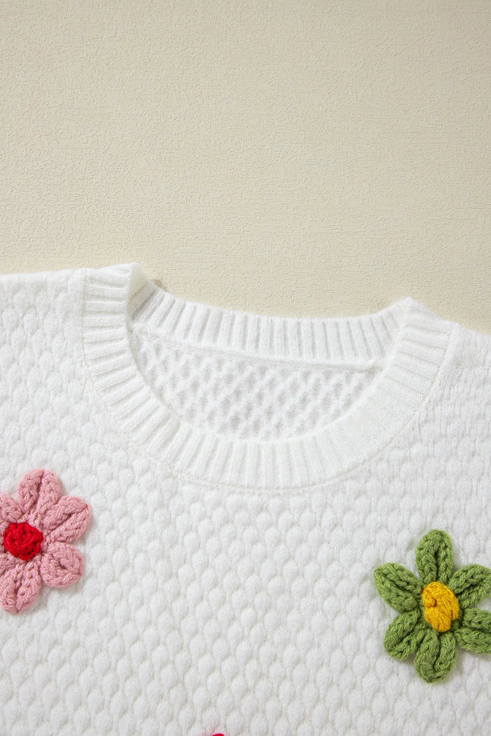 Elegant Crochet Flower Round Neck Long Sleeve Sweater - adritiX
