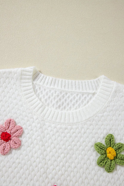 Elegant Crochet Flower Round Neck Long Sleeve Sweater - adritiX