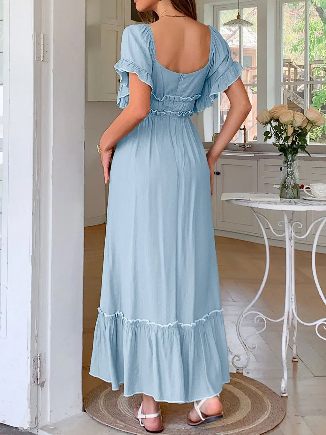 Elegant Square Neck Puff Sleeve Ruffle Trim Maxi Dress - adritiX
