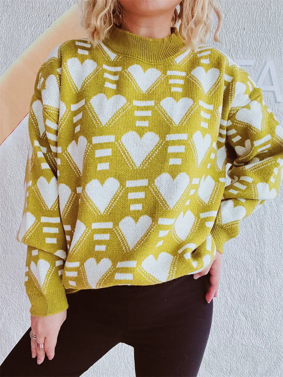 Elegant Heart Contrast Long Sleeve Dropped Shoulder Sweater - adritiX