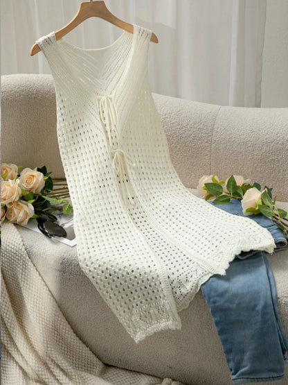 Front Tie Crochet Sleeveless Longline Cardigan - adritiX