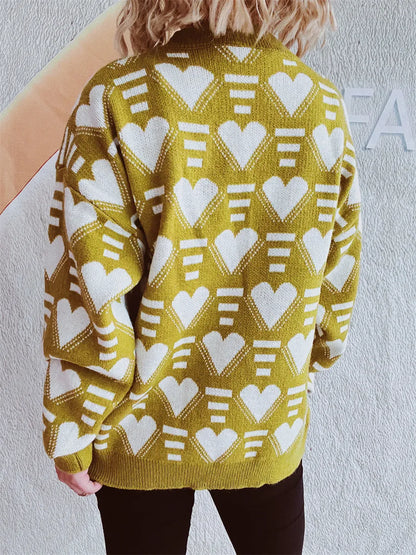 Elegant Heart Contrast Long Sleeve Dropped Shoulder Sweater - adritiX