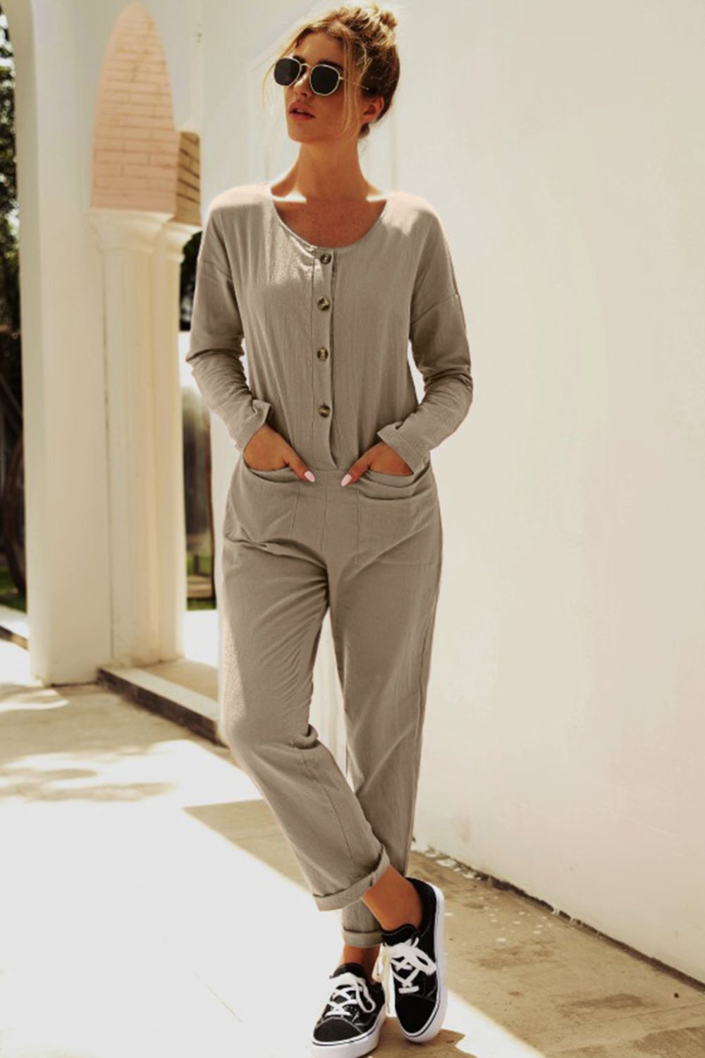 Elegant Buttoned Drop Shoulder Pocket Jumpsuit - adritiX