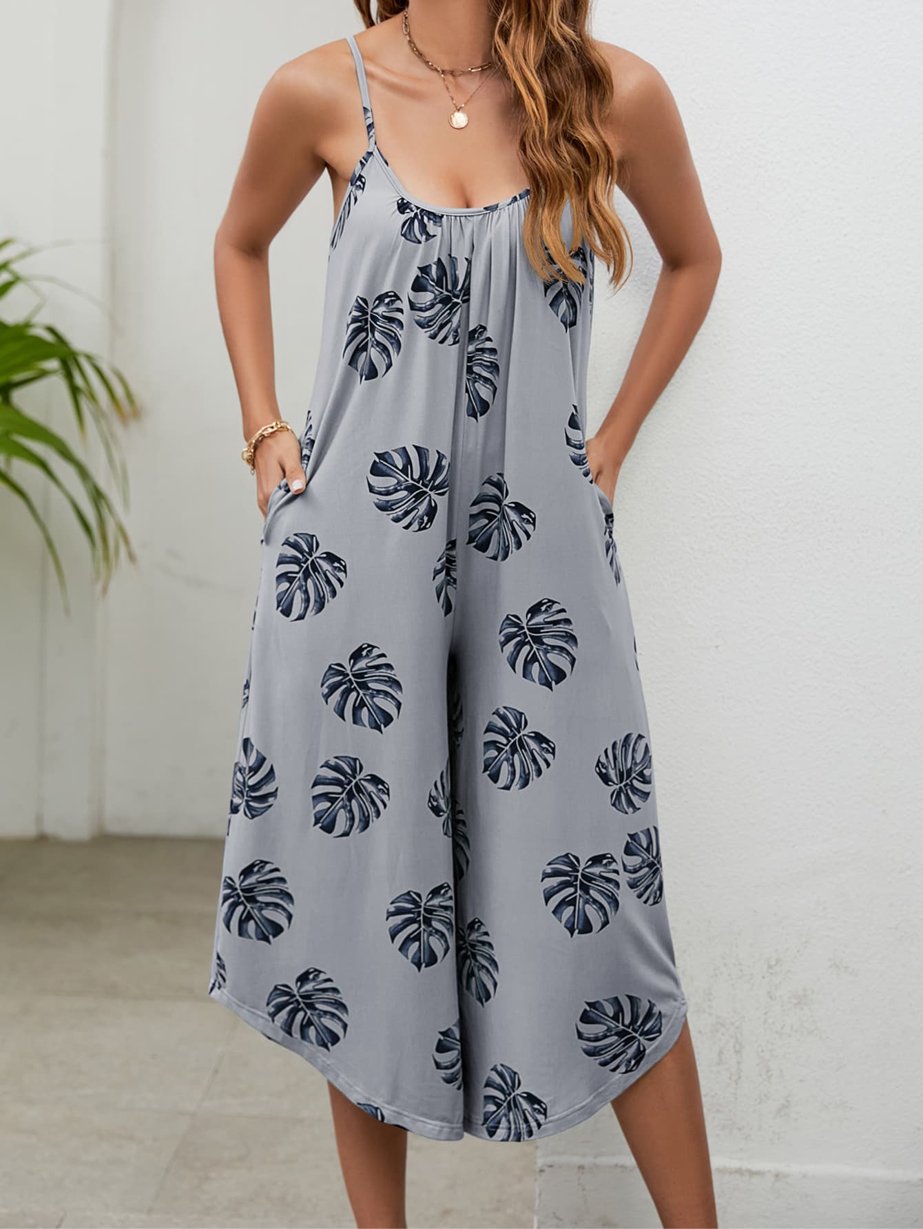 Elegant Botanical Print Spaghetti Strap Scoop Neck Jumpsuit - adritiX