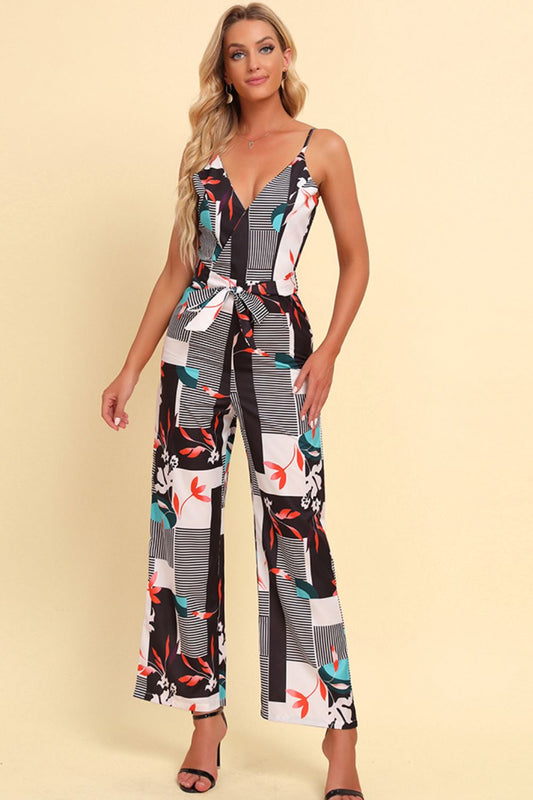 Elegant Printed Spaghetti Strap Tied Jumpsuit - adritiX
