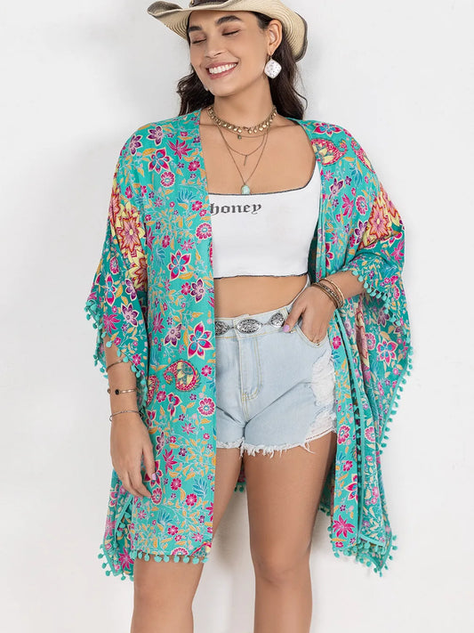 Plus Size Printed Open Front Cover-Up - adritiX