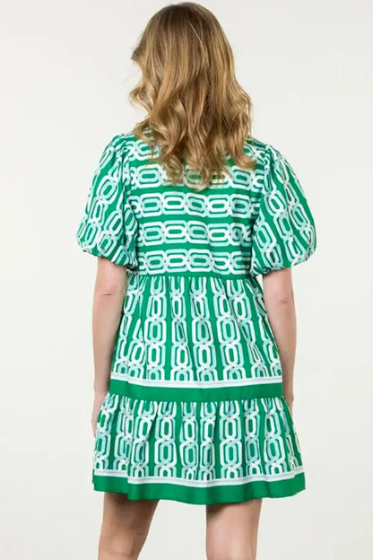 Abstract Patterned V Neck Puff Short Sleeve Mini Dress - adritiX