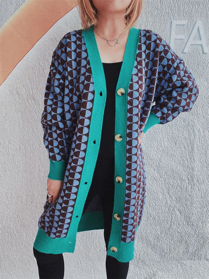 Contrast Trim Geometric Button Down Cardigan - adritiX