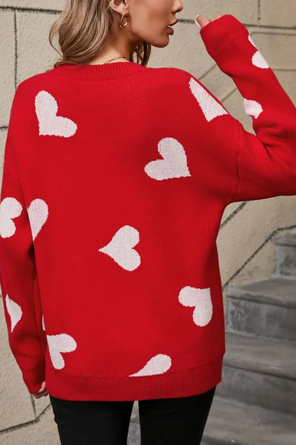 Angel Wings Heart Round Neck Dropped Shoulder Sweater - adritiX