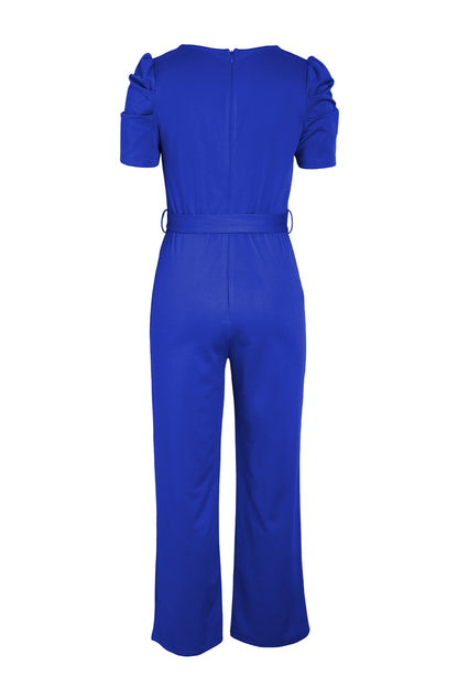 Elegant Belted Puff Sleeve V-Neck Jumpsuit - adritiX