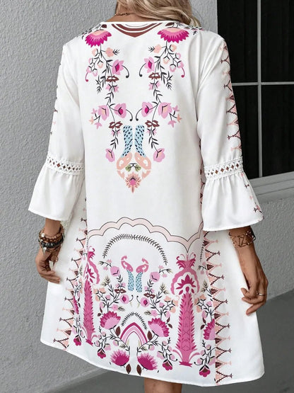 Lace Detail Printed Three-Quarter Sleeve Dress - adritiX
