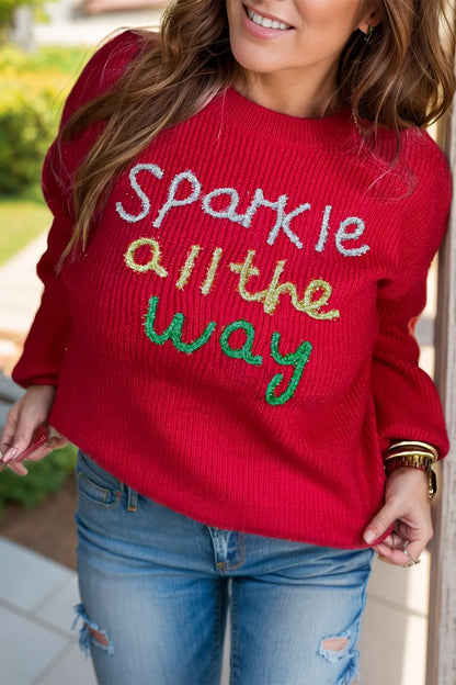 Plus Size Contrast Letter Round Neck Long Sleeve Sweater - adritiX
