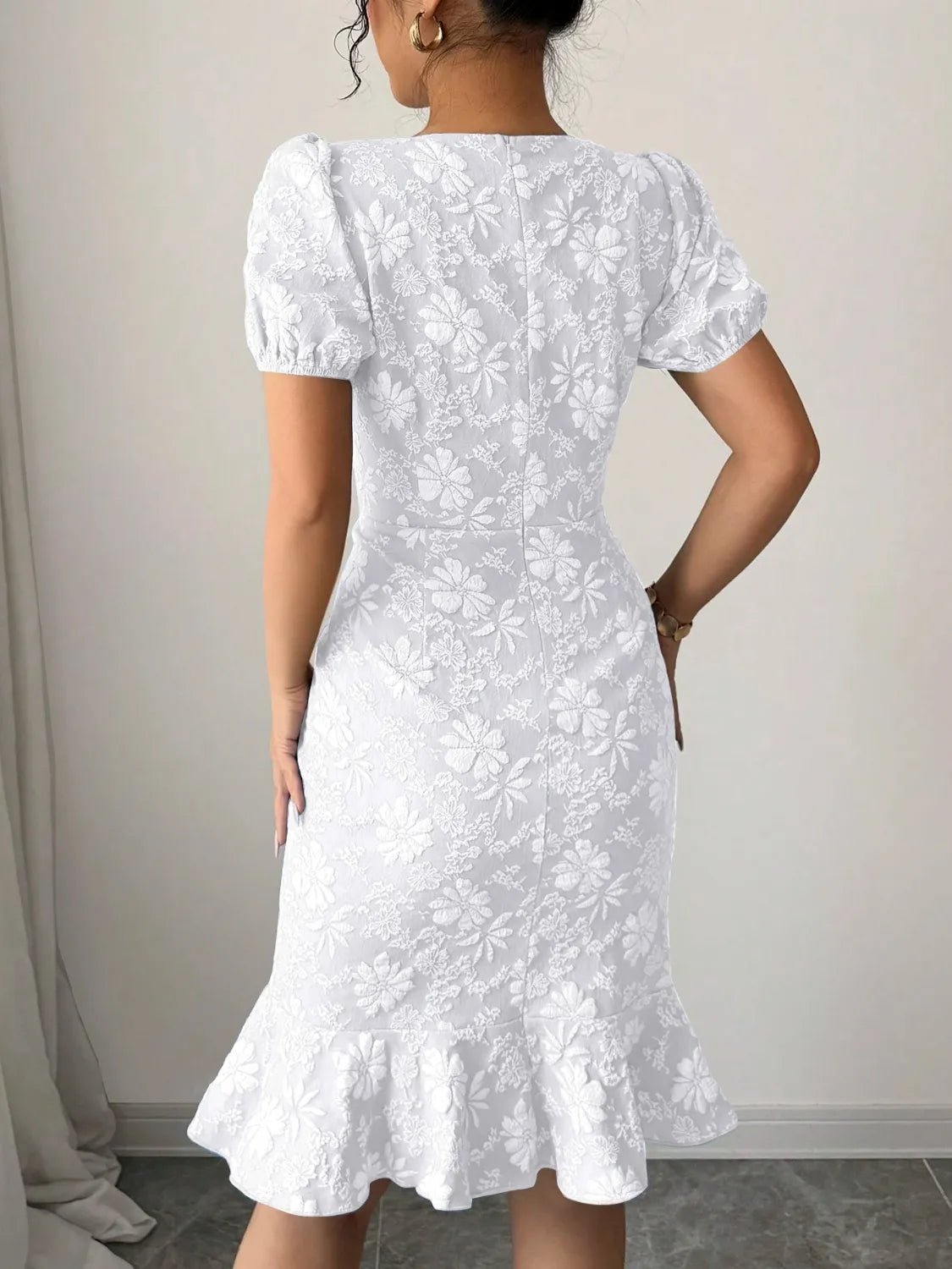 Ruffled Hem Flower Round Neck Short Sleeve Dress - adritiX
