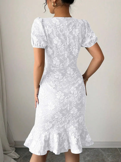 Ruffled Hem Flower Round Neck Short Sleeve Dress - adritiX