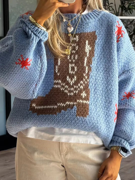 Elegant Boot Pattern Round Neck Dropped Shoulder Sweater - adritiX