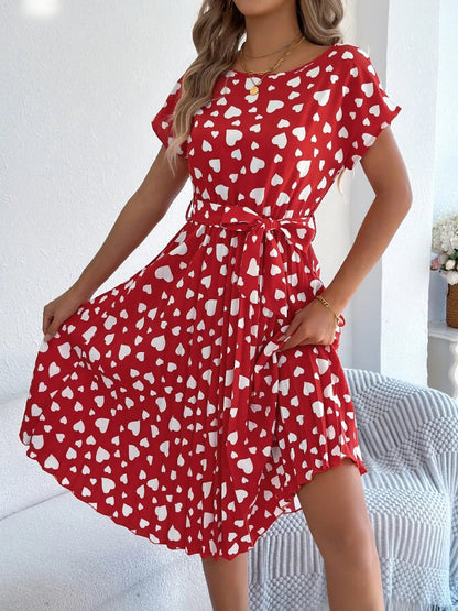 Heart Print Short Sleeve Tie Waist Dress - adritiX