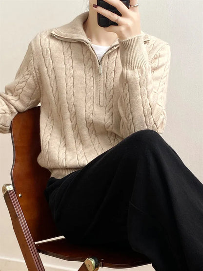 Cable-Knit Half Zip Long Sleeve Sweater - adritiX