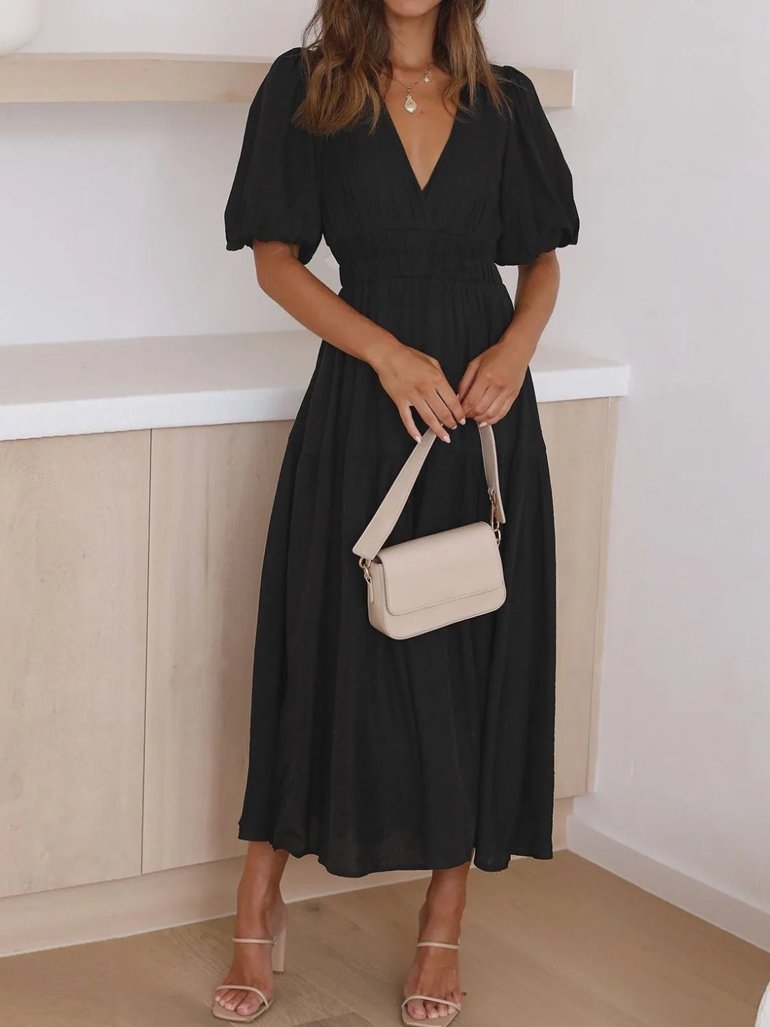 V-Neck Puff Sleeve Midi Dress - adritiX