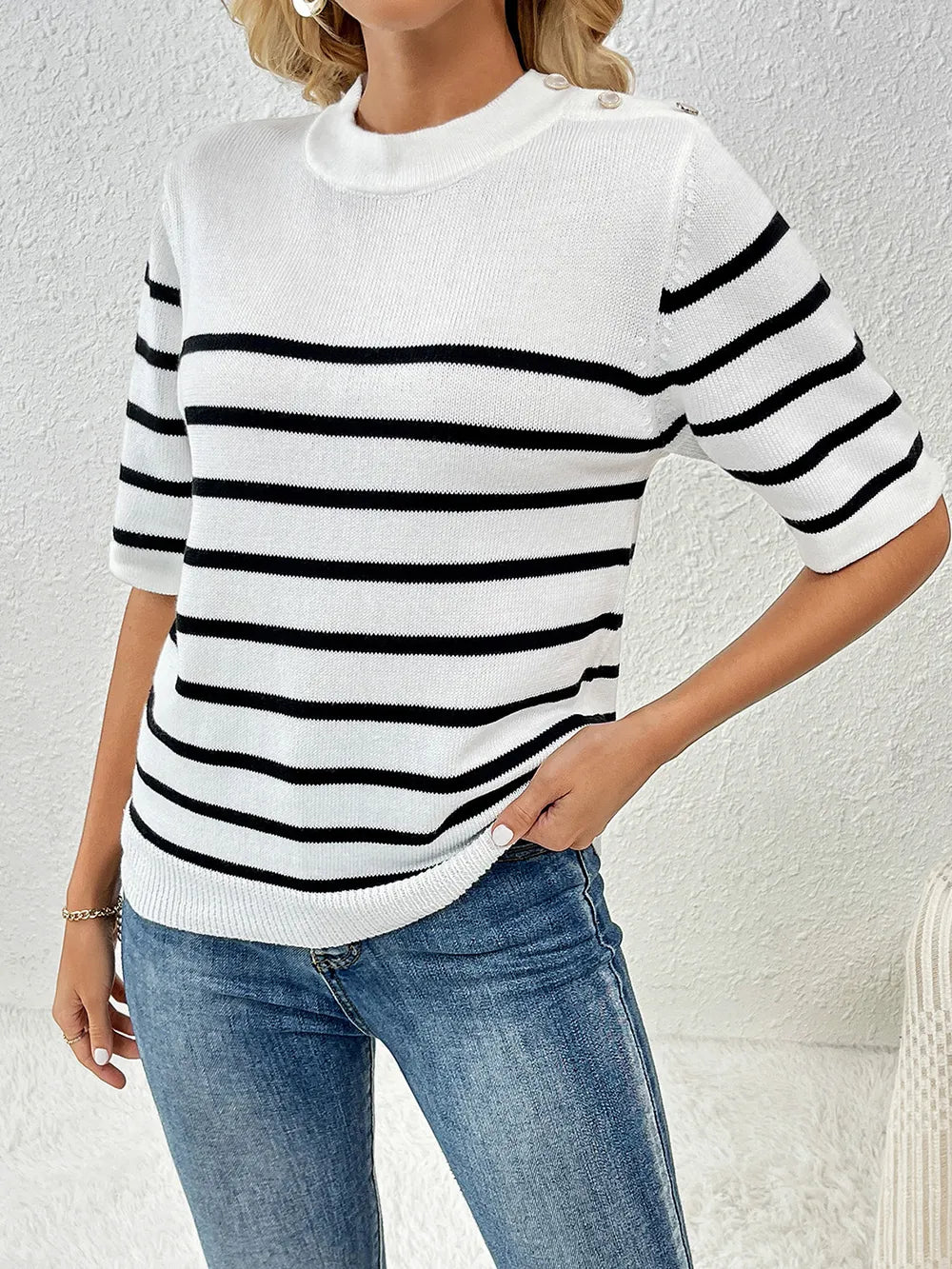 Striped Round Neck Half Sleeve Knit Top - adritiX