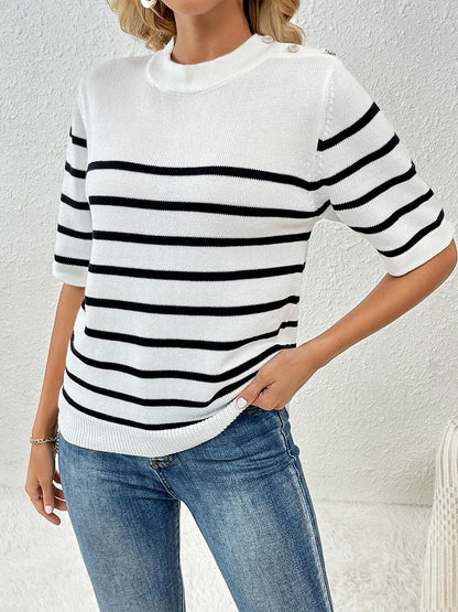 Striped Round Neck Half Sleeve Knit Top - adritiX