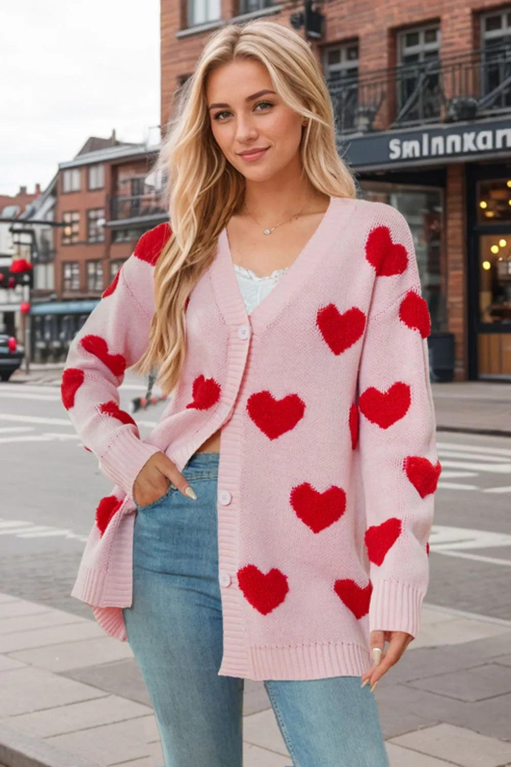 Heart Button Down Long Sleeve Cardigan - adritiX