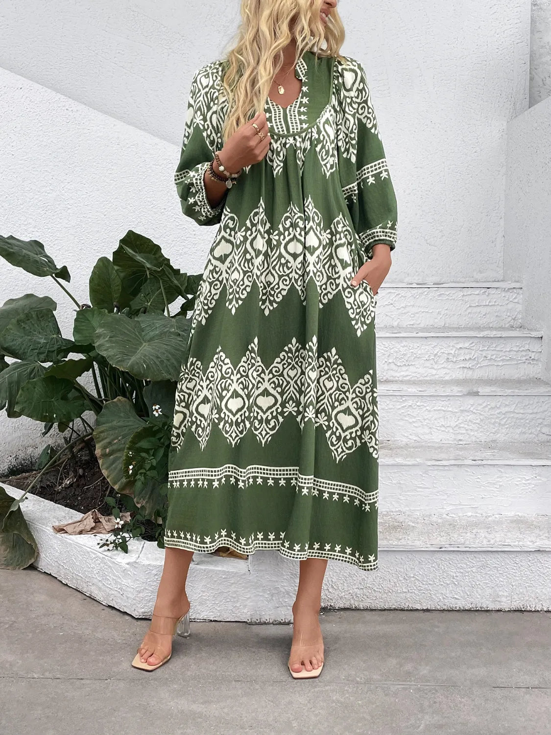 Printed Notched Midi Dress with Pockets - adritiX