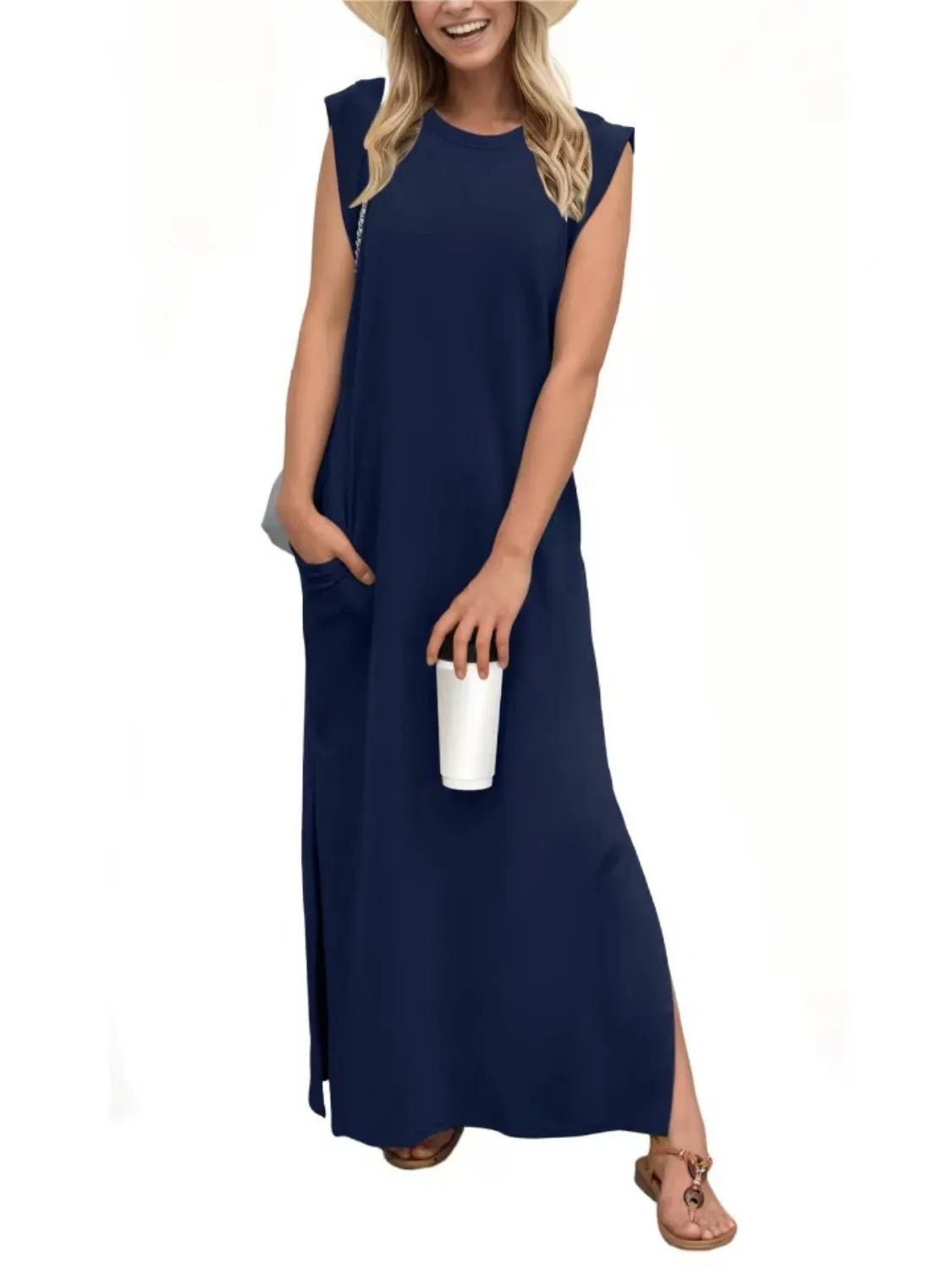 Full Size Slit Round Neck Sleeveless Maxi Tank Dress Plus Size - adritiX