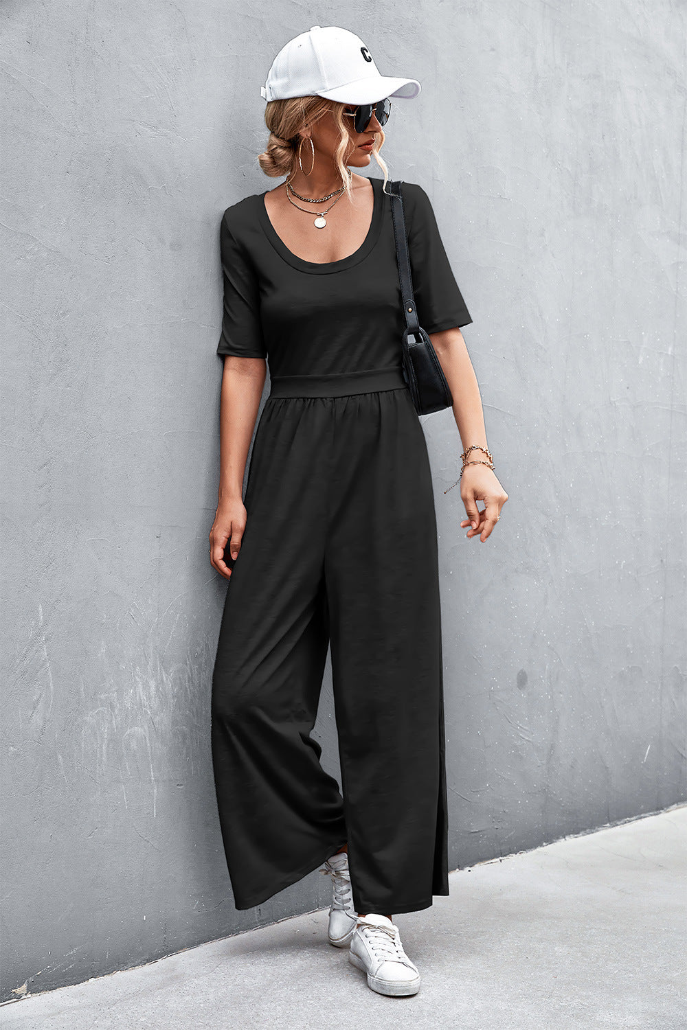 Elegant Scoop Neck Half Sleeve Wide Leg Jumpsuit - adritiX